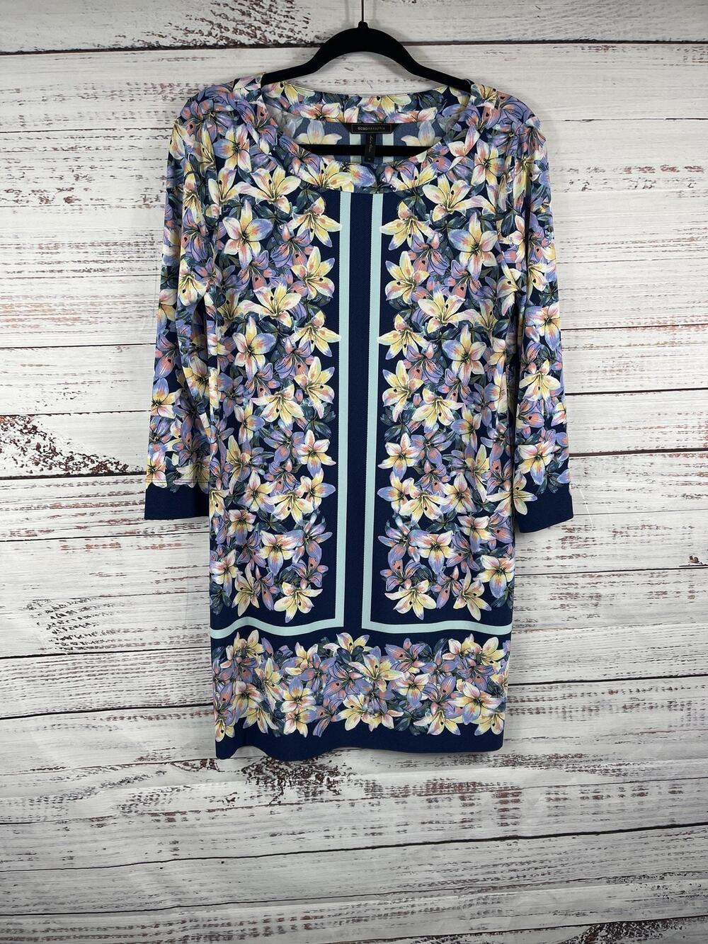BCBGMAXAZRIA Dress Women's Medium Blue Floral Jersey Shift 3/4 Sleeve Scoop Neck